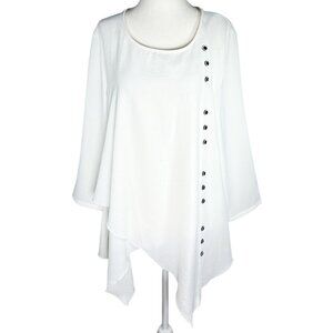 Radzoli Womens Blouse Size M White Asymmetrical Hem Black Button Accent Flowy
